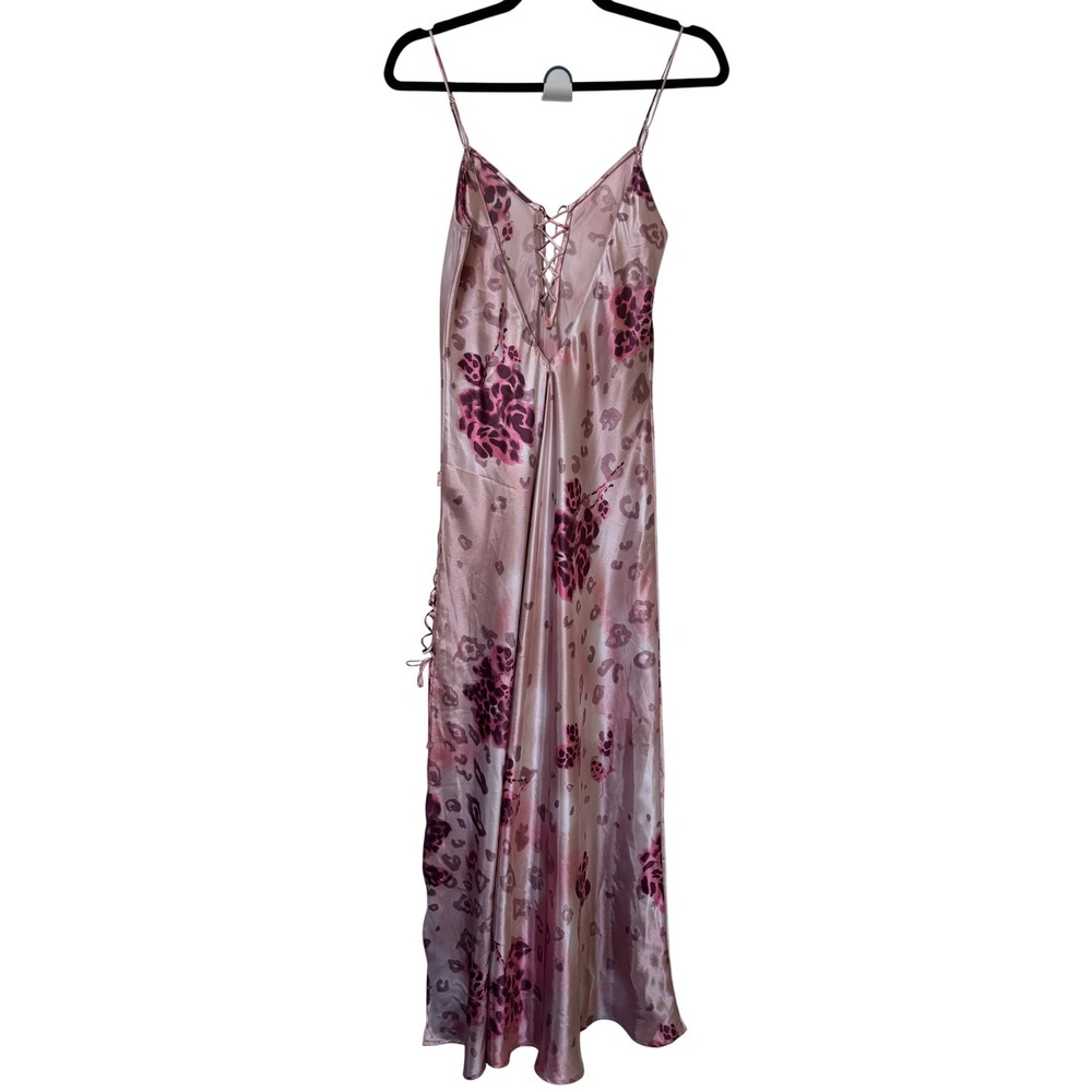Y2K La Senza Lingerie Pink Leopard Satin Lace Up Maxi Slip Dress Womens Medium - Picture 2 of 9